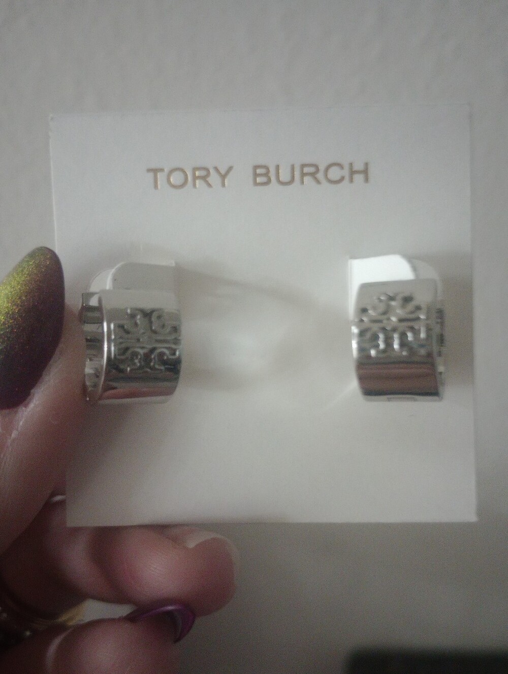 Tory Burch Silver Britten Huggie Earrings